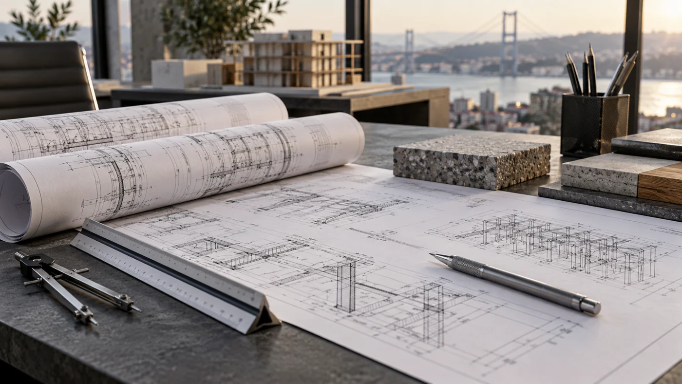 Proje çizimleri ve mühendislik çalışma masası